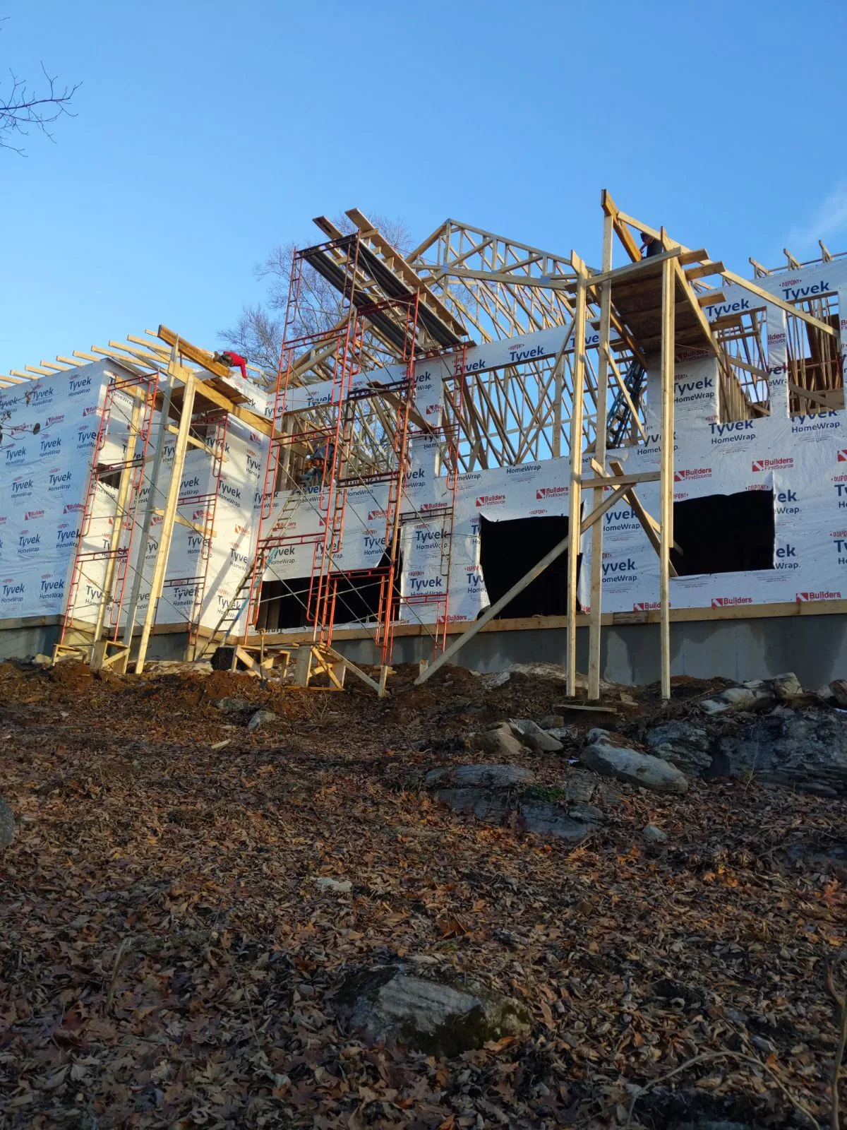 Exposed framing of a house under construction