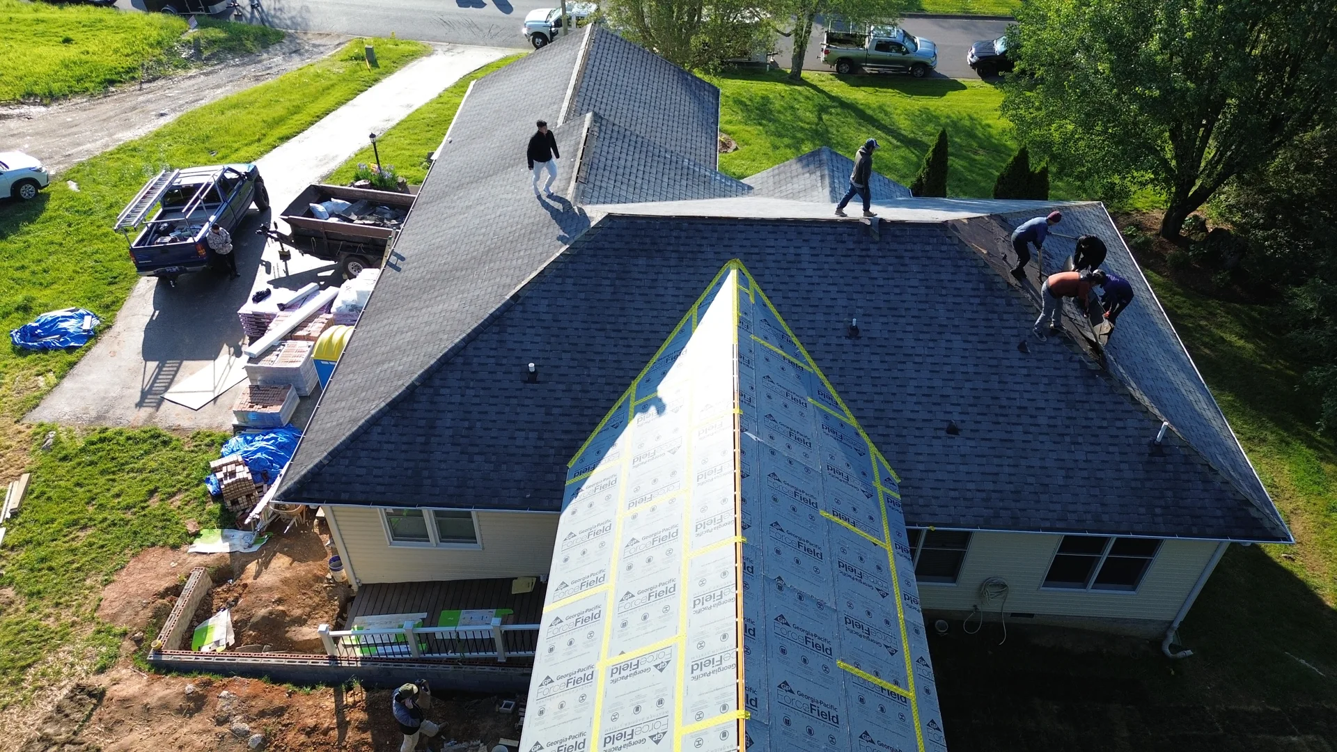 Roofing installation viewed from above