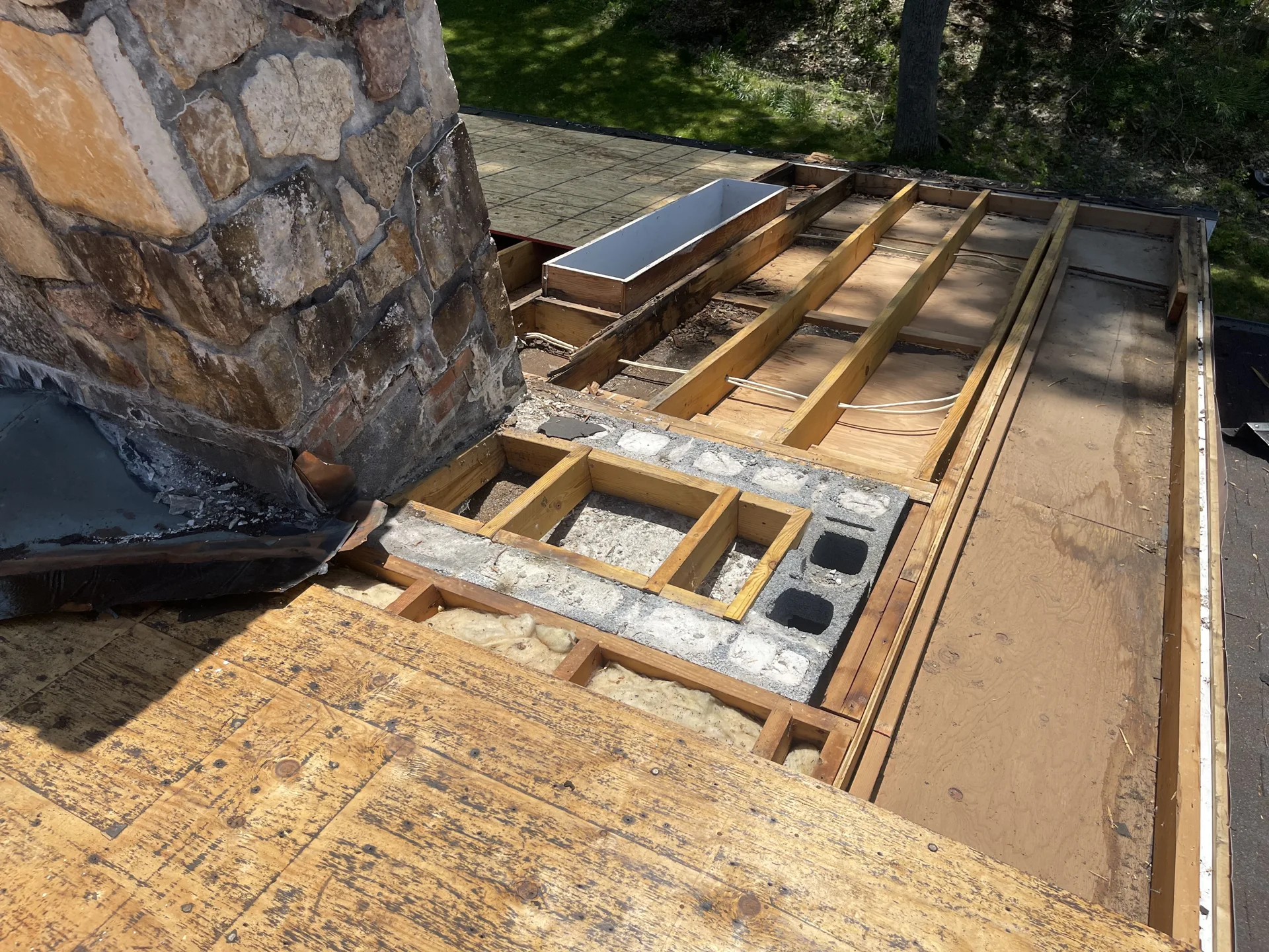 Preparation stage: exposed roof framing around skylight openings