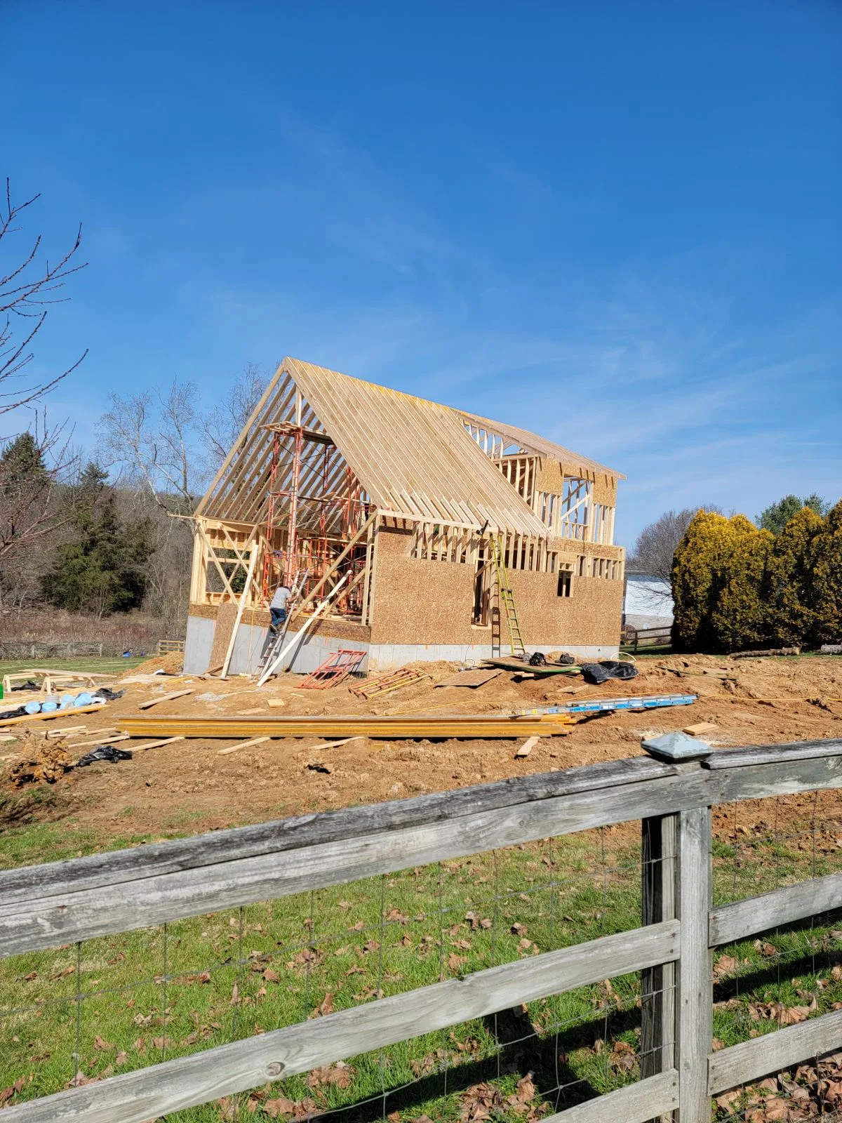 New home framing beneath a clear sky